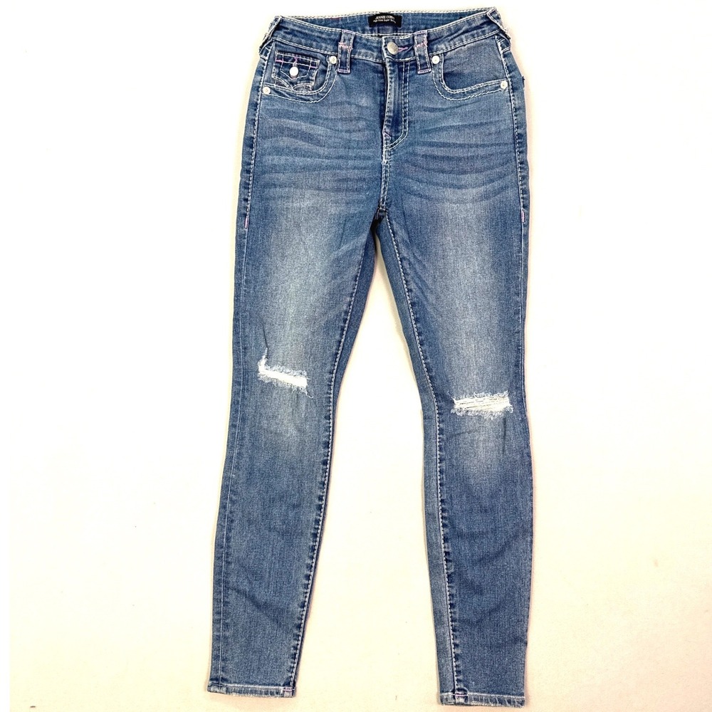 True Religion Jennie Curvy High Rise Super Skinny Jeans Distressed Blue Size 26